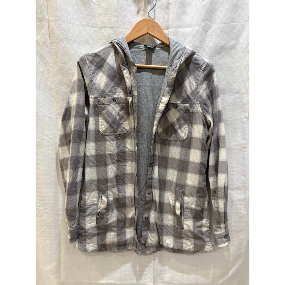 Eddie Bauer Women's Medium Grey White Plaid Hooded‎ Flannel Shirt Jacket